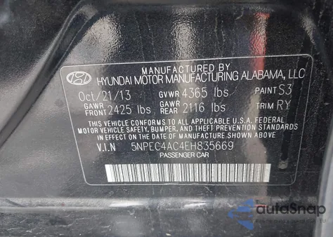 2014 Hyundai Sonata Se z USA, uszkodzony, nr VIN 5NPEC4AC4EH835669